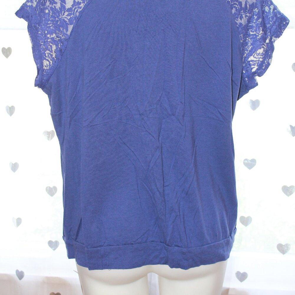 #349 Lane Bryant Blue Short-Sleeve Dressy Shirt with Lace Sleeves Size 14/16 - Picture 6 of 9